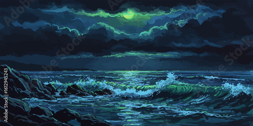 Moonlight shimmers over crashing ocean waves, nocturnal seascape under cloud-covered sky, stormy coastal horizon in blue and green tones.
