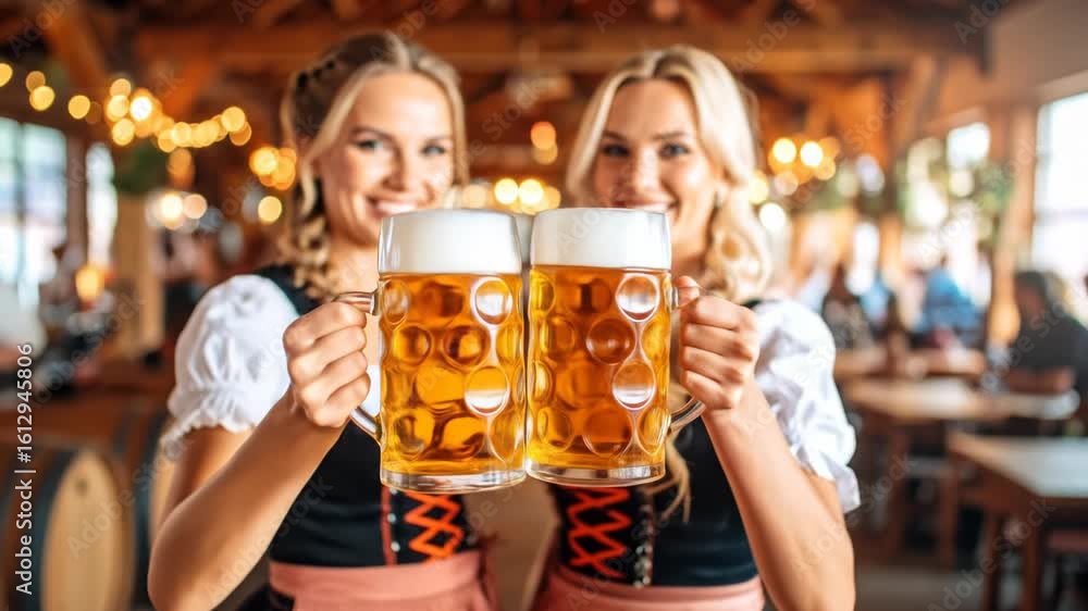Two smiling women in traditional bavarian dress hold frothy beer mugs, celebrating good times Two smiling women in traditional bavarian dress hold frothy beer mugs, celebrating good times