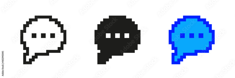 Fototapeta premium Speech Bubble Pixel Art Icon Set. Retro Pixelated Speech Bubble With Three Dots, Symbol Of Communication, Conversation, Dialogue. Isolated Vector Illustration
