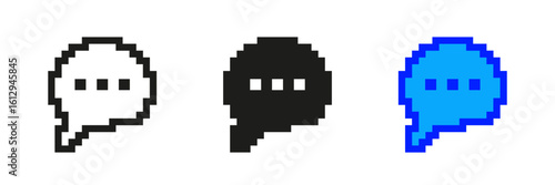 Speech Bubble Pixel Art Icon Set. Retro Pixelated Speech Bubble With Three Dots, Symbol Of Communication, Conversation, Dialogue. Isolated Vector Illustration
