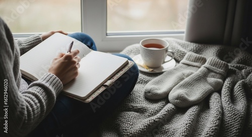 Cozy Window Scene: Person Writing in Journal with Tea and Warm Socks Nearby