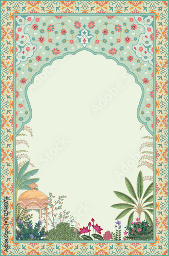 Traditional Mughal decorative pattern, garden theme illustration for wedding invitation