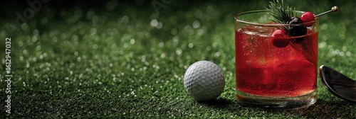 Refreshing cocktail sits on green turf next to a golf ball and club during a sunny afternoon
