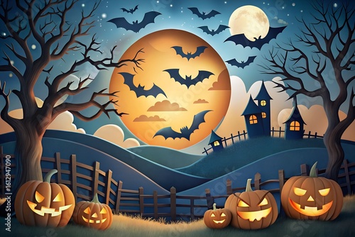 Paper Cut Style Layered Halloween Night with Moon