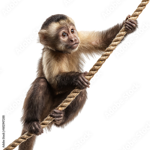 A capuchin monkey grips a thick rope, climbing upwards isolated on white on transparent background