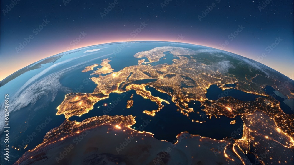 Fototapeta premium Dazzling Earth from space at night, illuminating Europe's vibrant cities against a starry sky