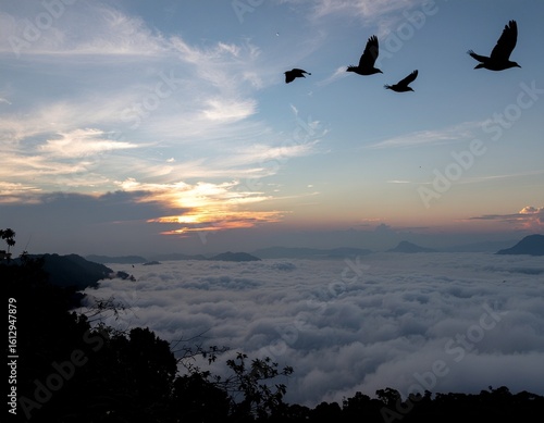 Birds Flying Over Minimalist Sunset Hills