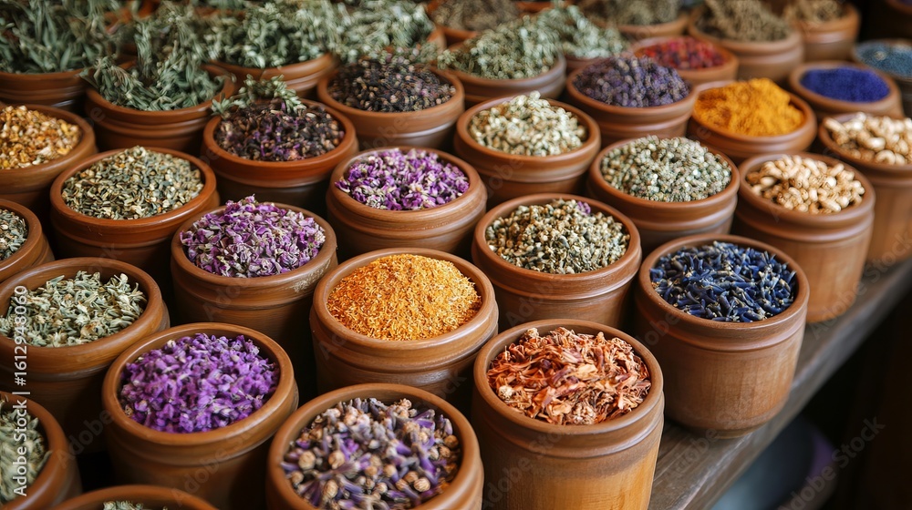 Fototapeta premium Colorful array of dried herbs and spices displayed in wooden bowls at a market in vibrant setting