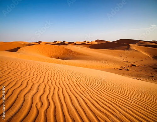 Fototapeta Naklejka Na Ścianę i Meble -  Vast desert landscape under a clear sky.  Golden sand dunes