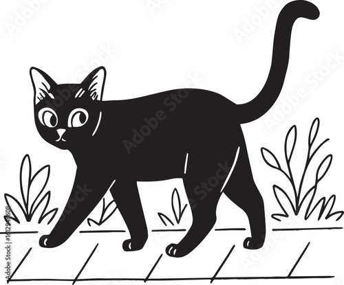 Cute Black Cat Walking on Pavement with Plants Line Art