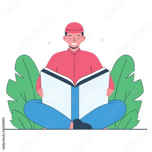A young muslim man wearing a red cap and shirt sits cross legged reading a large open book amidst lush green leaves
