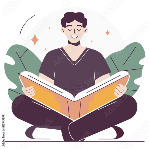 A young man with dark hair enjoys a book while sitting cross legged amidst lush green leaves and sparkling stars