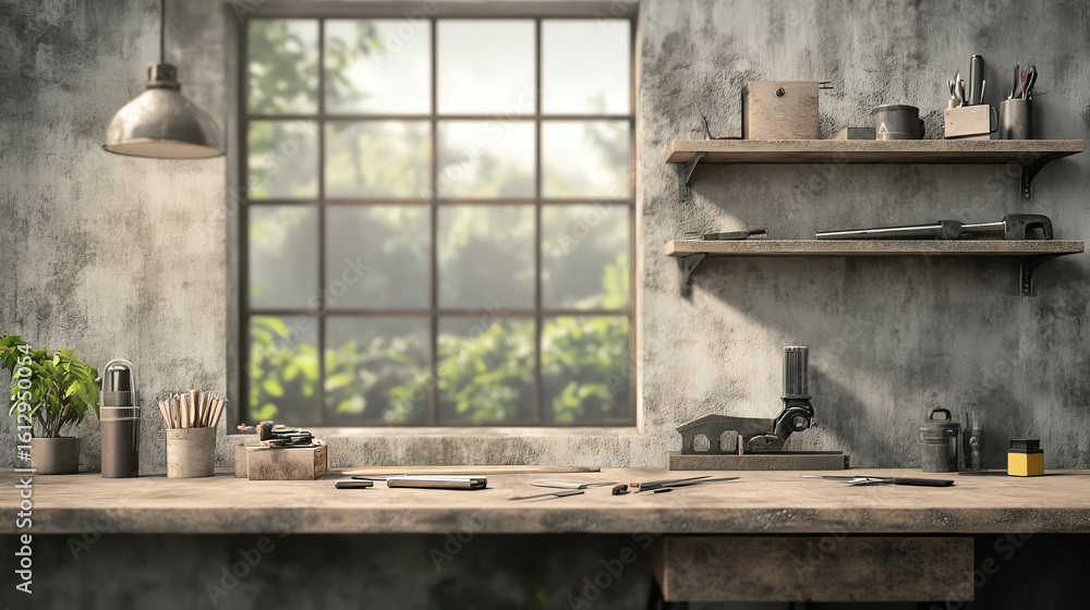 A rustic workspace featuring a wooden table, plants, tools, and large window inviting natural light for creativity and inspiration. A rustic workspace featuring a wooden table, plants, tools, and large window inviting natural light for creativity and inspiration.