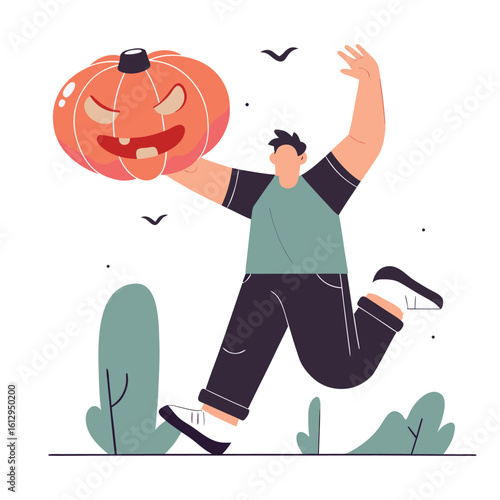 Joyful man happily carrying a carved halloween pumpkin while running through a park with stylized trees and birds