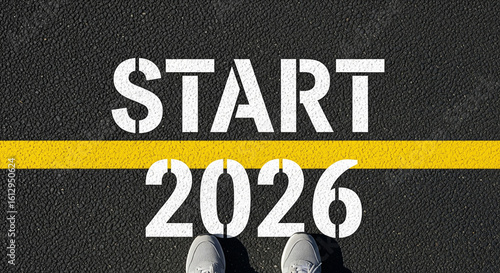 Start 2026: A striking ground-level perspective captures the word 'START' and the year '2026' stenciled boldly on a road surface. Evoking a sense of embarking, beginnings, and planning for the future.