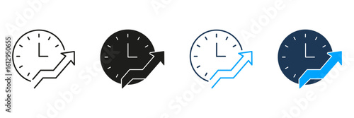 Clock With Upward Arrow Line And Solid Icon Set. Time Management, Productivity Growth, Efficiency Improvement Symbol Collection. Business And Performance Optimization. Isolated Vector Illustration