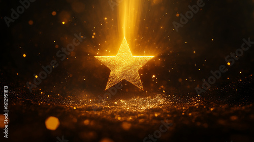 Golden star shining brightly in glittering dust a magical scene