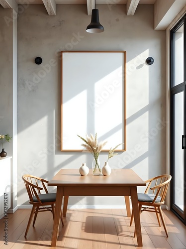 japandi dining room interior, vertical frame mockup, oak table against textured wall in minimal style