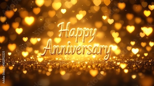 Luxurious golden anniversary text accented with shimmering hearts and dreamy bokeh lights. Perfect for wedding cards, digital invites, and romantic celebration themes