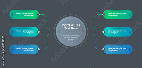 Flowchart infographic with central circle and six colorful options - dark version. SImple flat chart design with thin lines for website or data presentation.