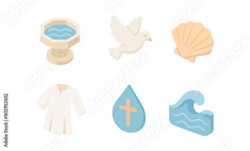 Isometric baptism symbols: dove, cross, water, shell, gown elements