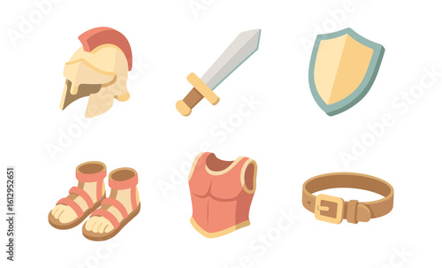 Ancient roman military gear set featuring helmet, sword, shield, sandals, armor, and belt in isometric style