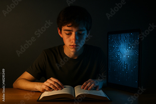 Teenager Studying Between a Warmly Lit Book and a Coldly Glowing Tablet
