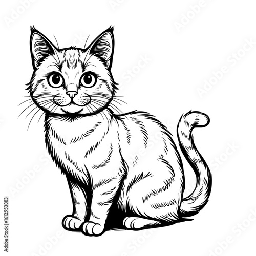 Cute fluffy kitten with tail is lying, black and white drawing. vector illustration. Funny cat, isolated on white background. Topics related to pets, veterinary clinics, shelters and children's books