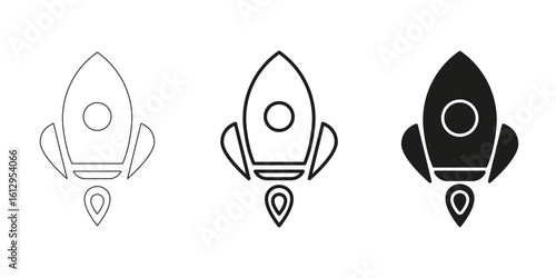 Rocket Launch In Line, Outline, And Glyph Icon Set. Space Exploration, Innovation, And Startup Growth Symbol Collection. Futuristic And Technological Advancement. Isolated Vector Illustration