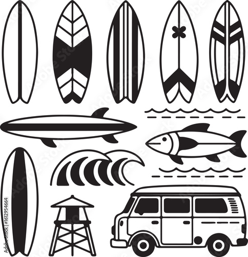 Black and white vector illustration of surfing elements including surfboards a van waves a lifeguard tower and a fish perfect for summer and beach themed