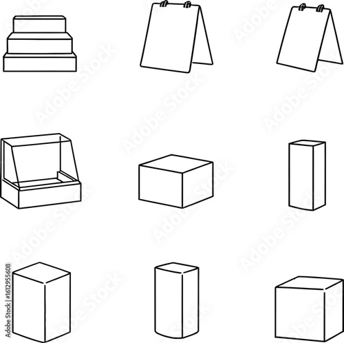 Geometric Display Icon Set Featuring Stepped Pyramid, A-Frame Signs, Slanted Display Boxes, and Upright Rectangular Prisms