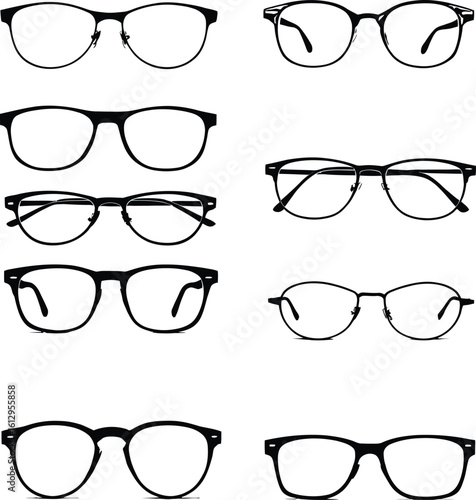 Eyeglasses Icon Set Featuring Eight Unique Black Silhouettes – Round, Square, Cat-Eye, Thick-Rimmed, and Thin-Rimmed Styles in Clean Vector Format for Fashion, Optometry, and Accessory Design