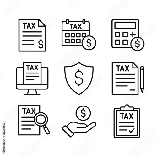 Tax preparation icons. Outline symbols. Line design
