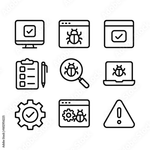 Software testing and QA icons. Outline symbols. Line design