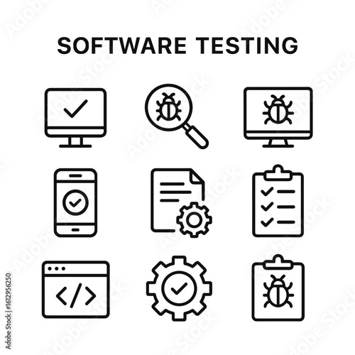 Test automation and development icons. Outline symbols. Line design