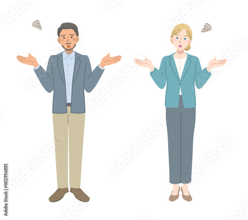 困っているスーツを着た外国人の男女