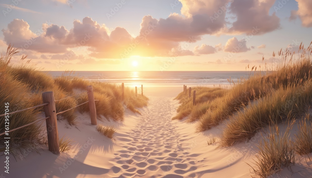 Obraz premium Serene beach scene at sunset with orange and pink sky. Warm atmosphere, golden glow, soft light. Sandy beach with grass, dark blue-green water. Ocean waves, beach landscape, tranquil evening.