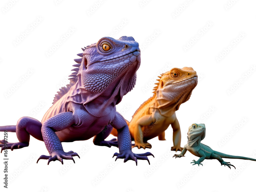 Obraz premium Three stylized lizards purple orange teal isolated on a transparent background reptiles animals
