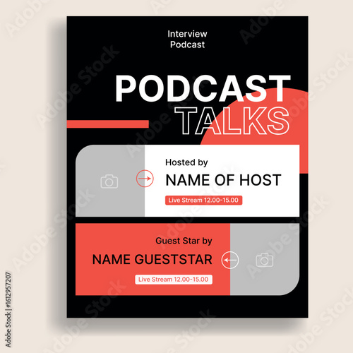 Modern podcast interview announcement flyer template with bold typography for a live talk show