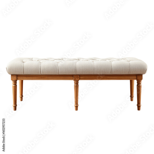 Light beige upholstered bench with button tufting