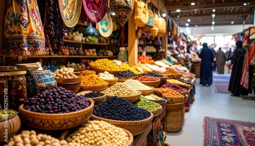 Vibrant display of colorful spices, dried fruits, and nuts in woven baskets at a traditional Middle Eastern market.