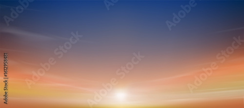Sunset,Sky clouds over sea in Autumn Evening in Blue,Orange,Yellow Sunlight and Background,Horizon Nature landscape dusk sky with sun dawn in summer,Vector Horizon morning sunrise by sea