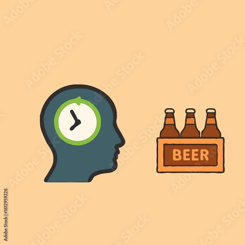 Icon of a human head with clock and three beer bottles  