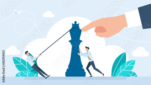 Overthrow the king. People pull and tug on a chess piece to make it fall. The checkmate the king. Vector illustration