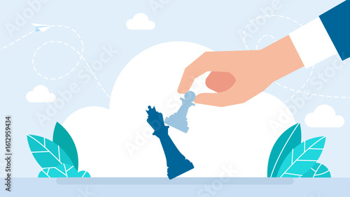 Hand holding chess pawn.  During chess game man use pawn chess piece to crash king figure. Business strategy success concept. Man hand holding pawn knocking down king chess piece. Vector  illustration