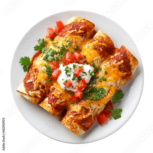 Chicken enchiladas Mexican food on white plate on transparent background