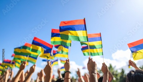 Crowd of people waving the flag of Mauritius in celebration. National patriotic event on a sunny day with blue sky.