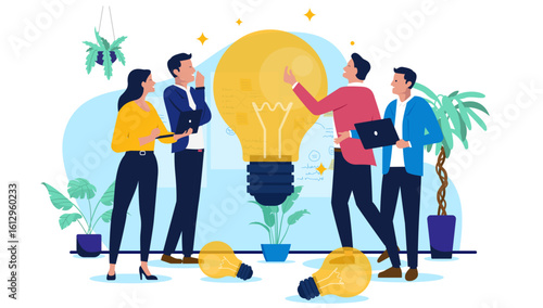 A team of diverse business people brainstorming and discussing a new business idea, project or strategy, symbolised by a giant illuminated lightbulb, flat design vector illustration