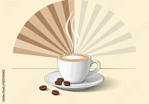 Steaming Coffee Cup with Coffee Beans Illustration