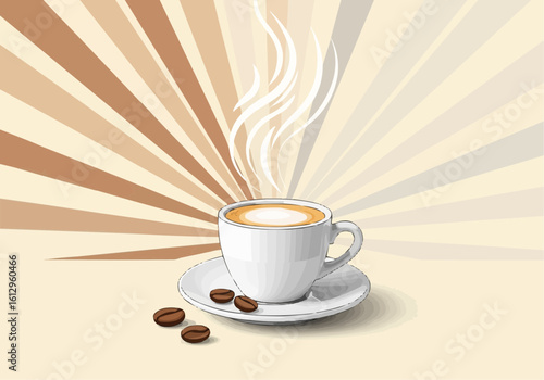 Steaming Coffee Cup with Coffee Beans Illustration